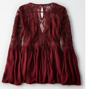 American Eagle Embroidered mesh bell sleeve top